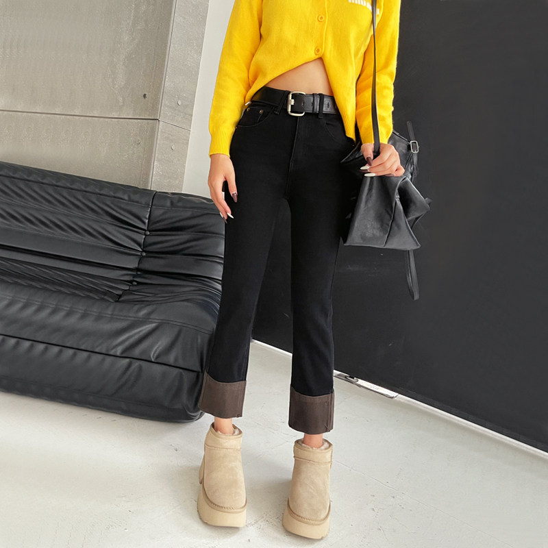 黑色牛仔直筒裤女加绒秋冬新款高腰显瘦九分小个子拼接窄版烟管裤