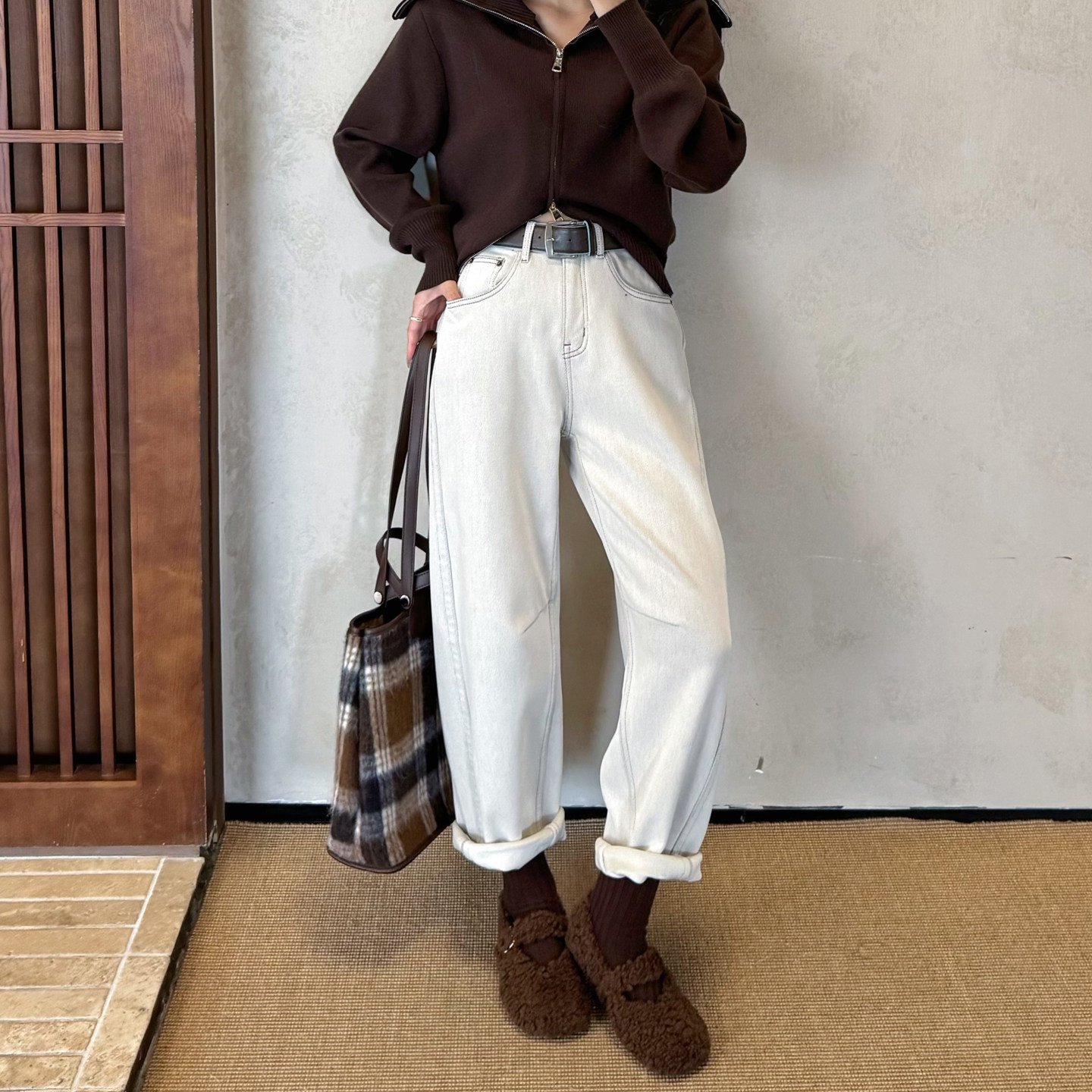 加绒牛仔裤女高腰保暖九分哈伦裤