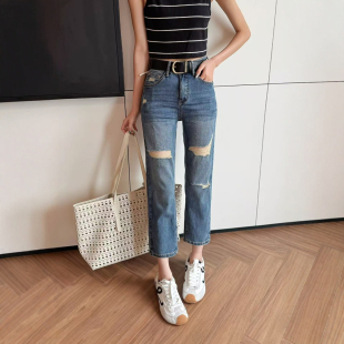 夏季破洞牛仔裤女薄款八分直筒小个子高腰窄版法棍裤烟管裤乞丐裤