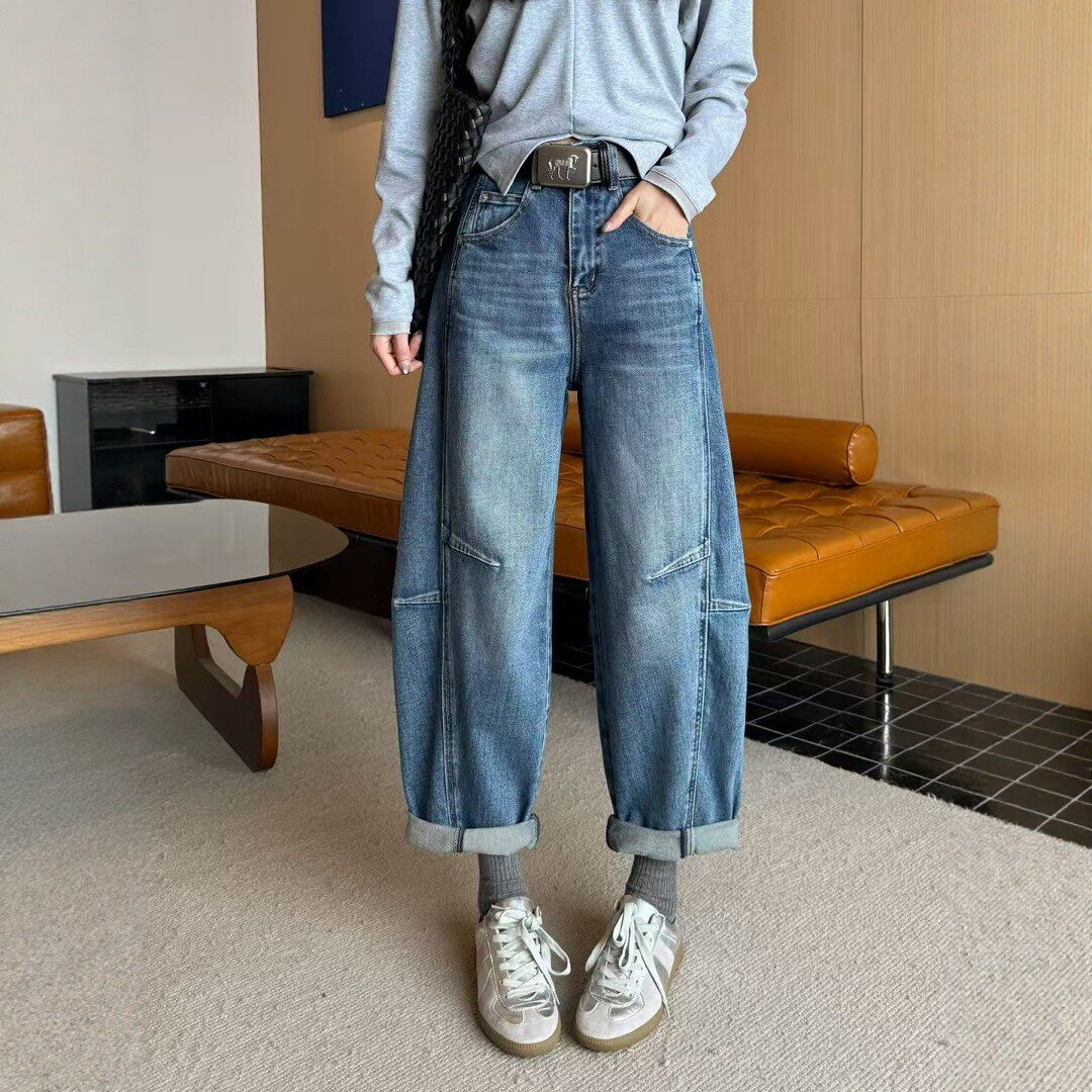 2026春季新款蓝色阔腿牛仔裤女宽松高腰显瘦九分弯刀裤哈伦裤垮裤