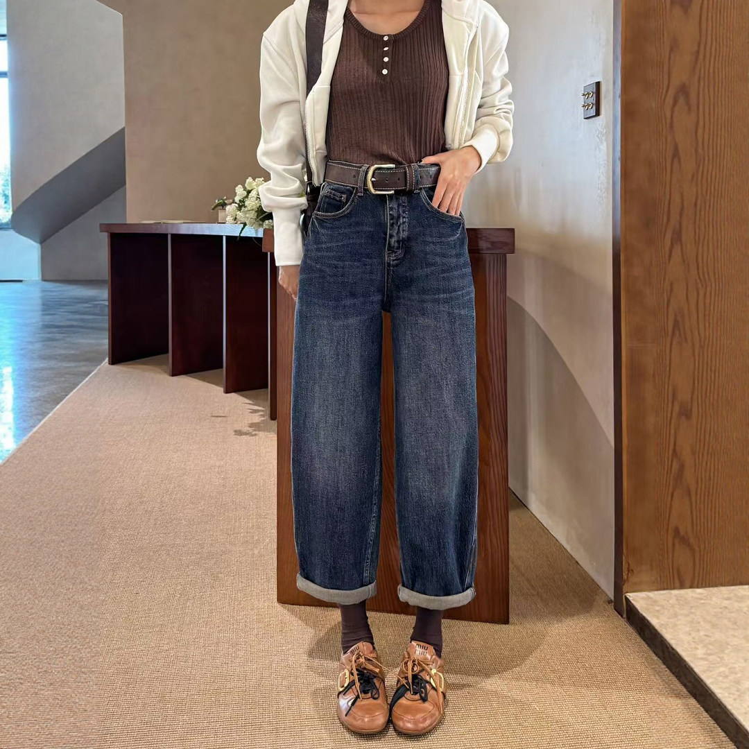 秋冬新款蓝色牛仔老爹裤女高腰