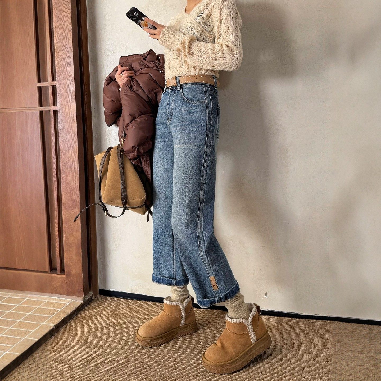 春新款蓝色直筒牛仔裤女九分小个子高腰显瘦窄版休闲法棍裤烟管裤