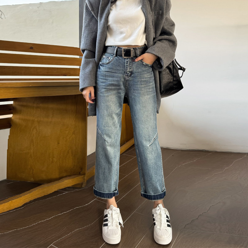 2025春季新款浅蓝色牛仔烟管裤女高腰显瘦八九分小个子窄版直筒裤