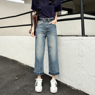 春新款蓝色直筒牛仔裤女修身高腰显瘦九分小个子窄版法棍裤烟管裤