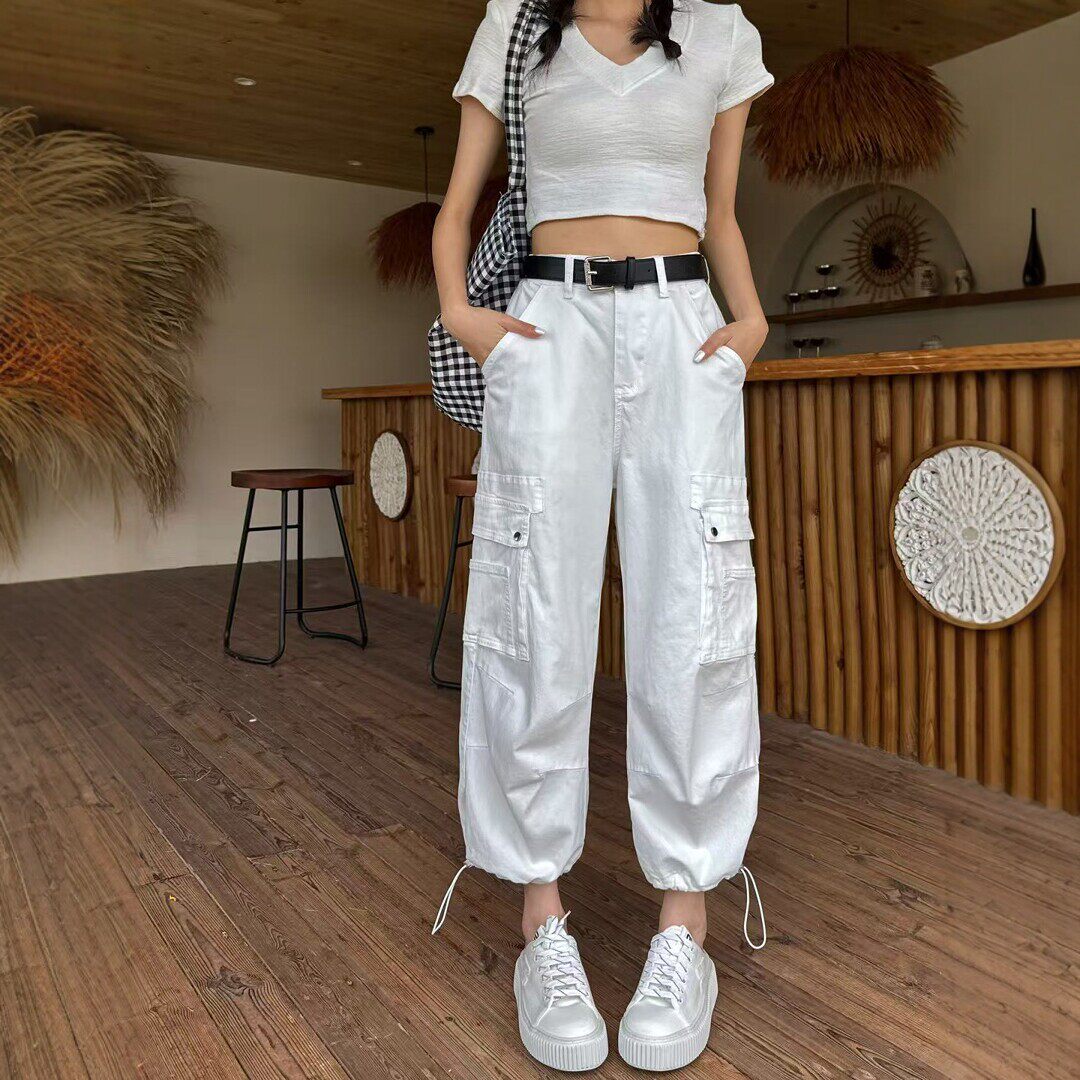夏季薄款高腰八分束脚工装裤女