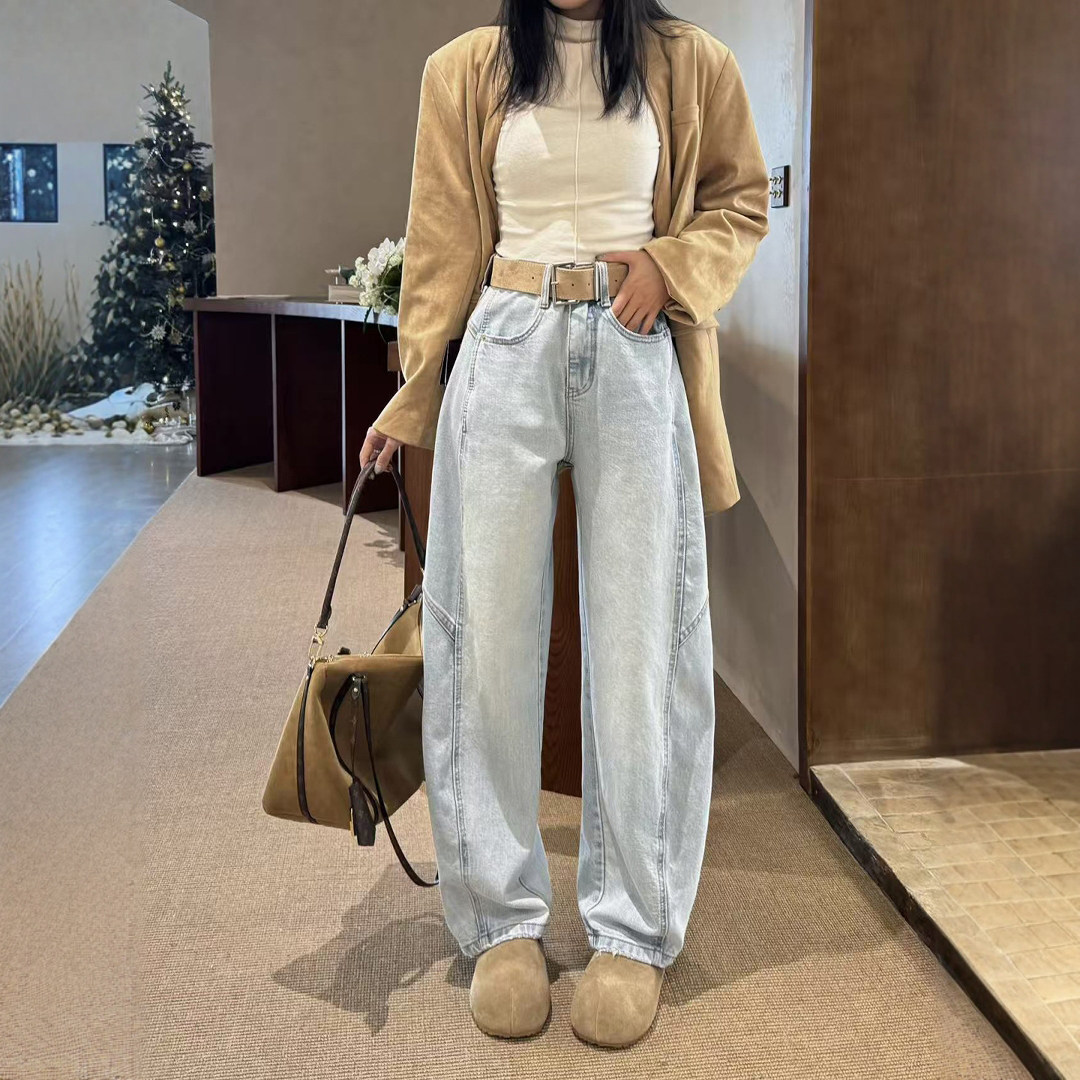 春季新款浅蓝色阔腿牛仔裤女长裤