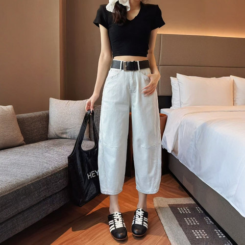 浅灰色阔腿牛仔裤女八分小个子