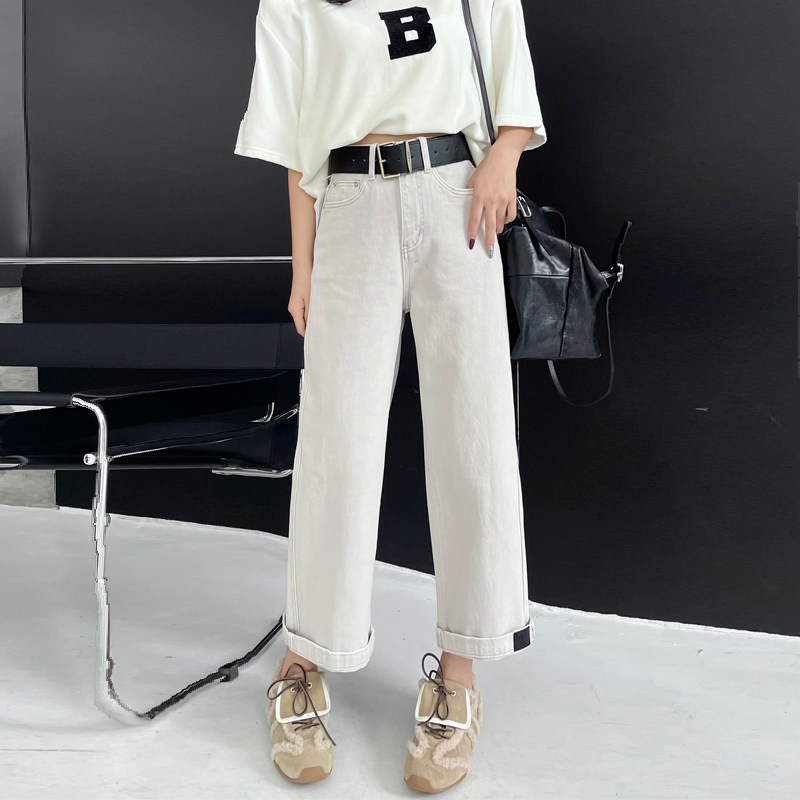 2025春新款月光灰色阔腿牛仔裤女九分宽松高腰休闲直筒裤子法棍裤