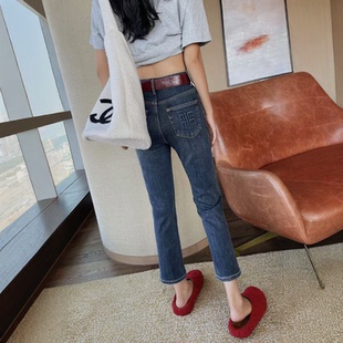 2025冬季新款蓝色加绒直筒牛仔裤女九分小个子高腰修身显瘦烟管裤