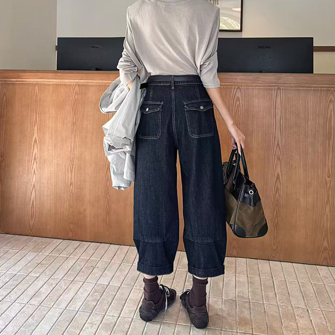 原色蓝高腰宽松九分哈伦牛仔裤女