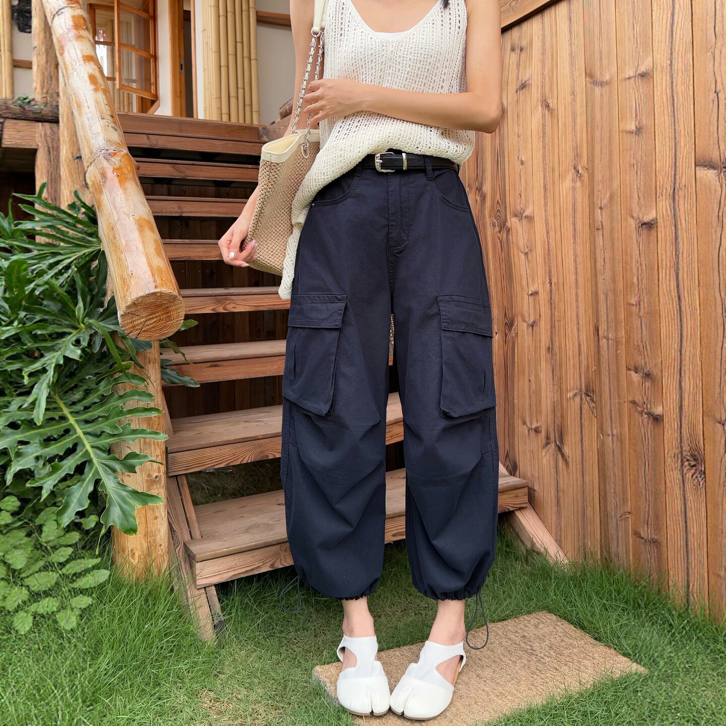 夏季藏蓝高腰阔腿工装裤女显瘦