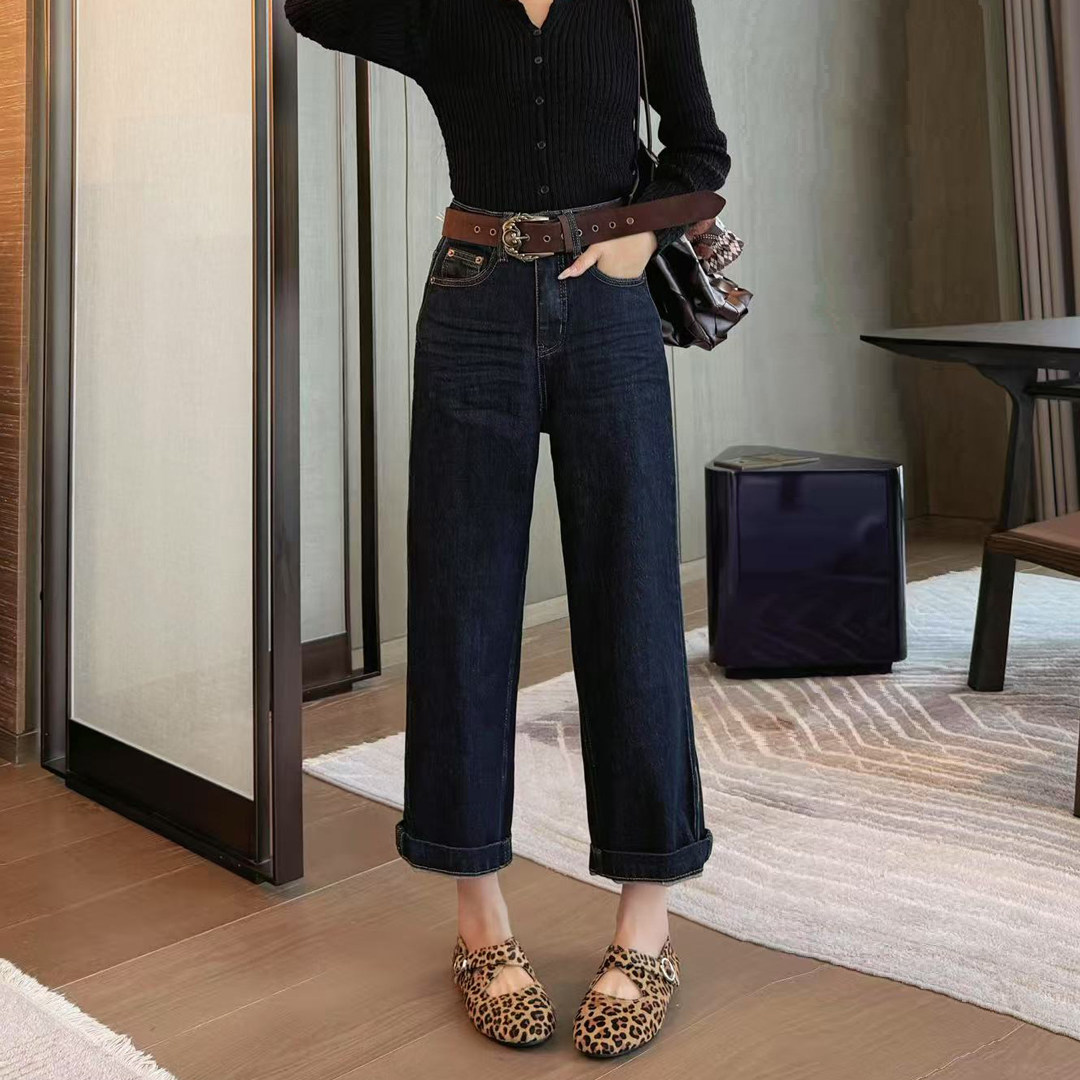 2026春秋新款蓝色直筒牛仔裤女九分小个子宽松高腰显瘦窄版法棍裤