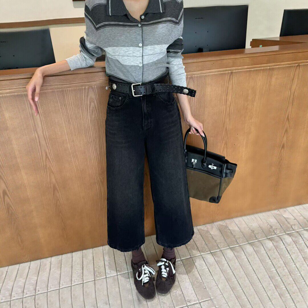 黑色高腰阔腿九分牛仔裤女破洞