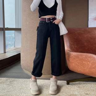 冬季新款黑色加绒牛仔直筒裤女宽松高腰九分小个子阔腿窄版法棍裤