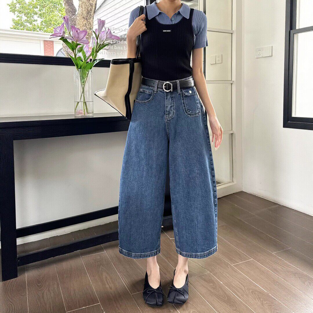 2026春夏新款蓝色阔腿牛仔裤女高腰八分小个子直筒弯刀休闲气球裤