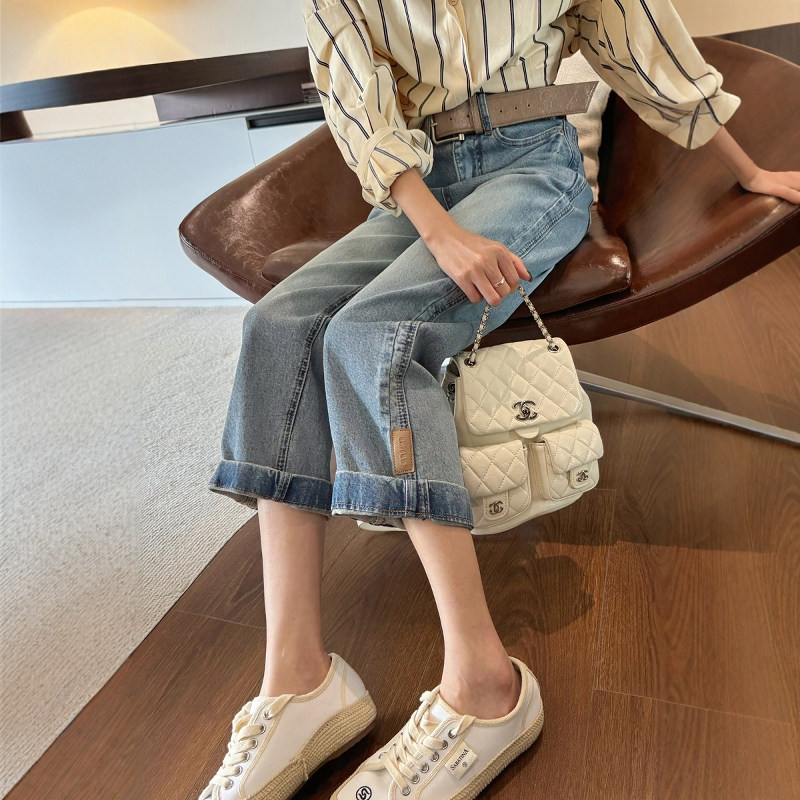 欧货春新款浅蓝色直筒牛仔裤女高腰显瘦八九分小个子法棍裤烟管裤