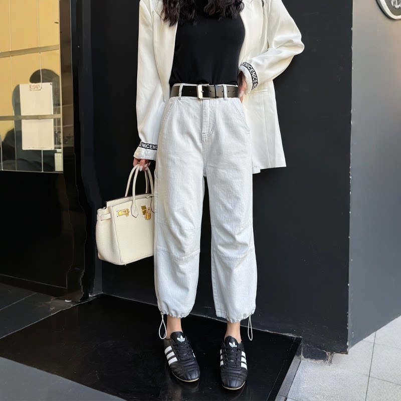 2025春新款浅灰色直筒牛仔裤女宽松高腰九分小个子阔腿休闲工装裤