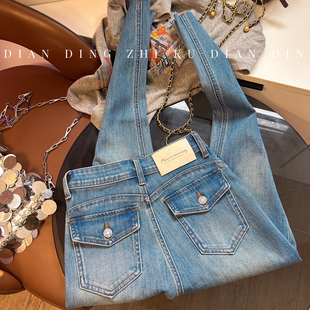 浅色紧身显瘦高腰弹力翻盖九分裤 女春季 高腰小脚牛仔裤 提臀显瘦