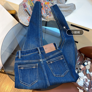 高级款！秋季新款修身显瘦靴裤牛仔裤女九分紧身小脚铅笔裤弹力