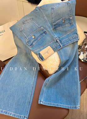 洋气款~高腰微喇牛仔裤女翻盖翘臀窄版春季夏款显瘦弹力喇叭裤潮