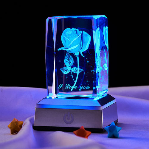 玫瑰花3d立体激光内雕制作水晶立方体创意梦幻睡眠夜光灯