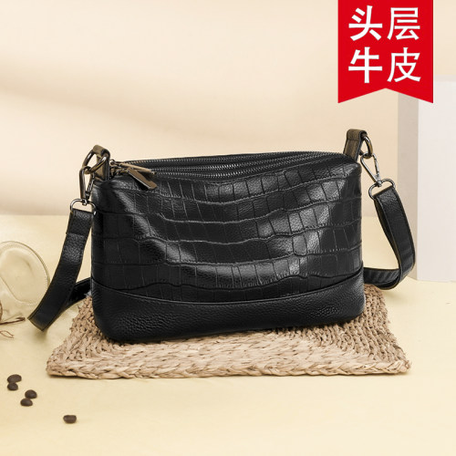 真皮斜挎包女小包包2026新款时尚鳄鱼纹多层大容量软皮女包单肩包