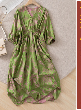 NS464秋季醋酸V领收腰五分袖长裙纸样新款小落肩连衣裙加工定制图