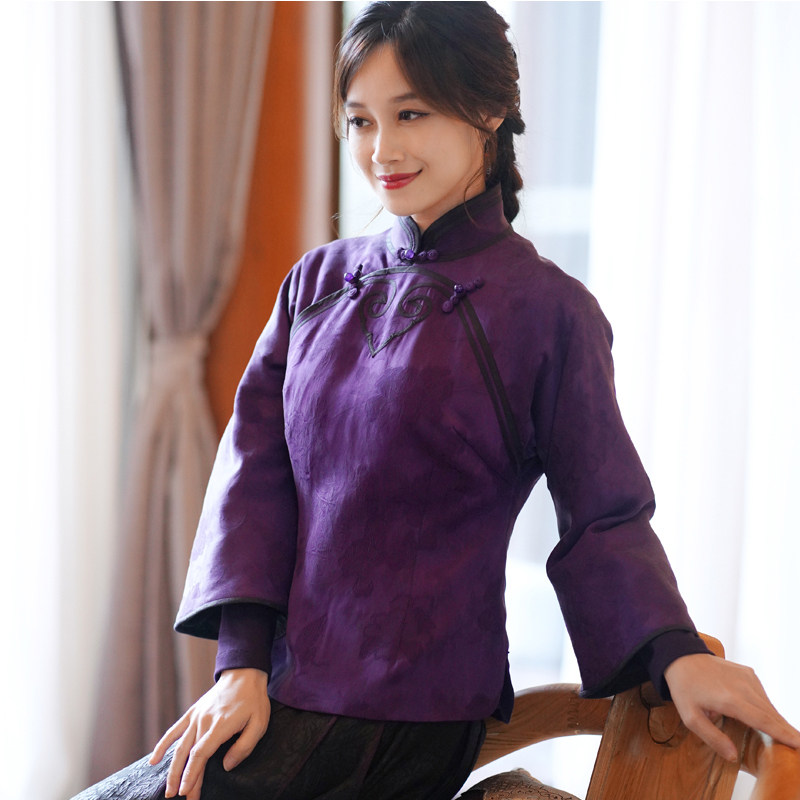 ZM937 새로운 XIANGYUN SHA CHEONGSAM 탑 패턴 봄과 가을 실크 복고풍 스탠드 칼라 여성 HANFU 절단 도면