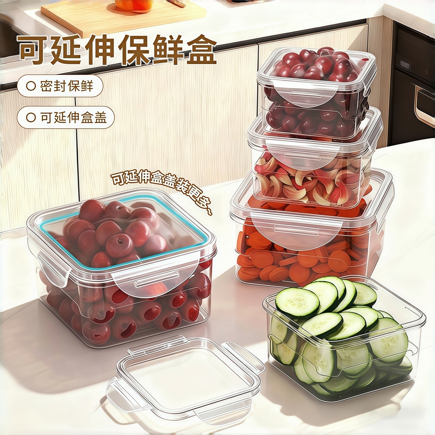 可延伸保鲜盒家用密封盒不串味整理收纳冻肉冰箱蔬菜水果分装盒子