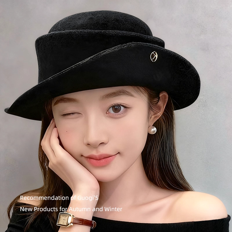 留洋千金法式赫本风黑色圆顶帽