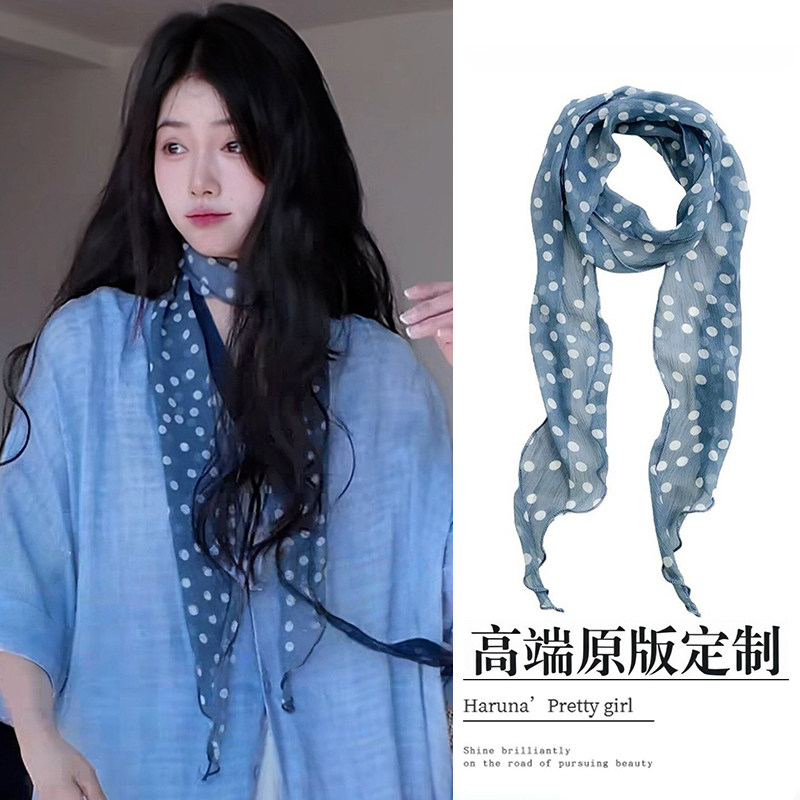 蓝色波点丝巾系脖高级感女2026新款夏季薄款纱巾搭配衬衫丝带脖饰图片