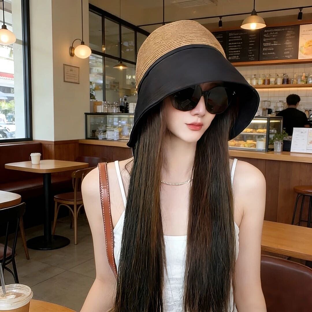 大檐水桶帽子女夏季遮脸遮阳帽春夏款女士拼色休闲渔夫帽出游草帽