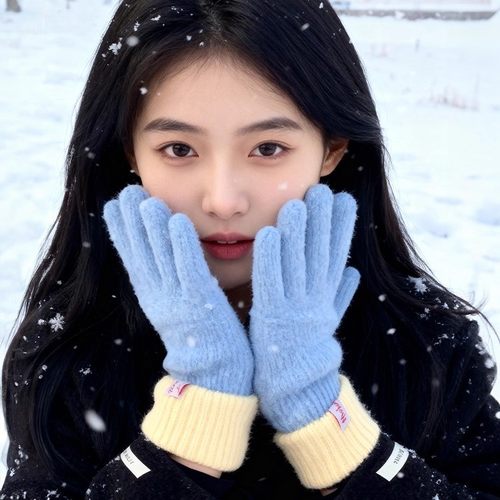 韩版新款蓝色毛绒可爱针织手套