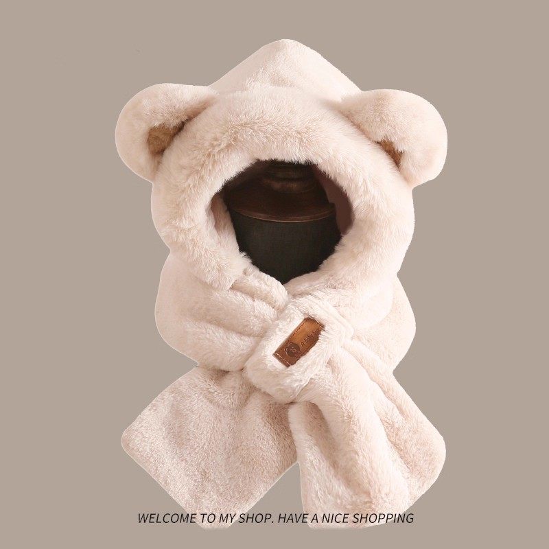 加厚可爱小熊口罩帽子围巾一体女冬季百搭毛绒帽连帽围脖保暖冬天