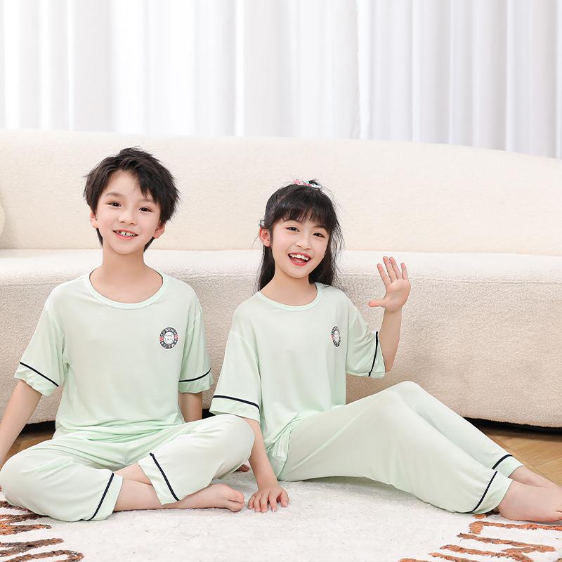 儿童莫代尔睡衣夏季薄款短袖长裤冰丝大童男童女童家居服套装夏款