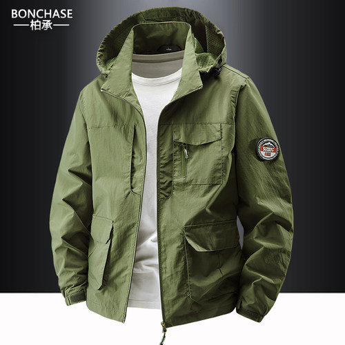 春秋季夹克户外速干冲锋衣男多口袋工装外套男士宽松大码休闲上衣