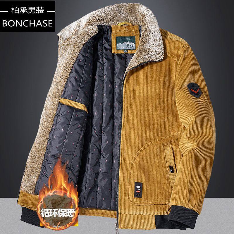 宽松大码毛领休闲灯芯绒夹克棉衣