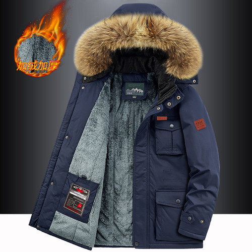 毛领可拆卸帽派克男加绒多袋棉衣