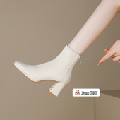 真皮粗跟高跟靴子女2025秋冬加绒新款 瘦瘦靴配裙子洋气白色小短靴