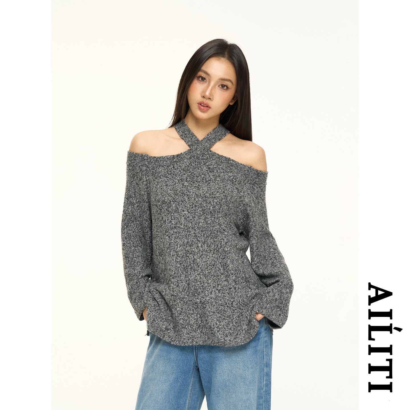 AILITI秋冬美式复古宽松慵懒风交叉领露肩设计感休闲针织衫毛衣女