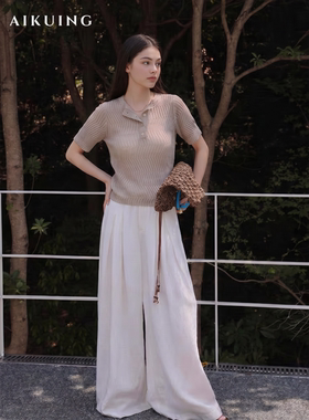 AIKUING松弛感针织开衫女夏季短袖翻领纽扣上衣慵懒风米色