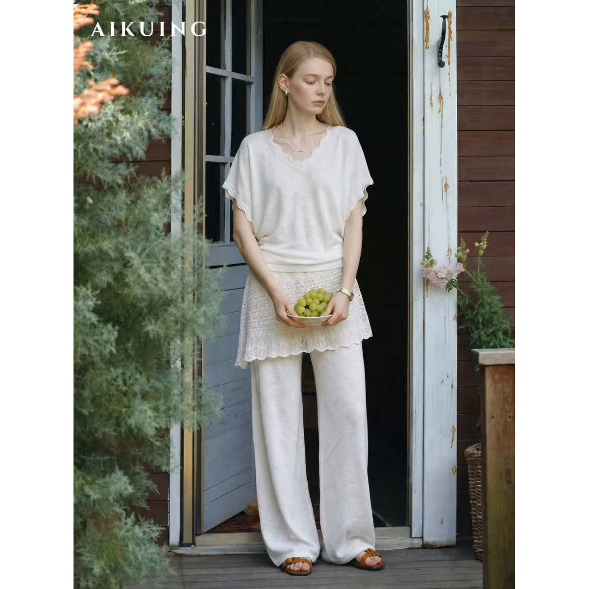 AIKUING简约时尚白色群帘休闲裤女夏季薄款显瘦松弛慢人风