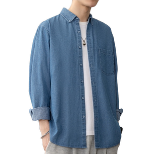 AF高级感水洗软牛仔衣蓝色衬衫男士长袖美式棉工装春秋季外套衬衣