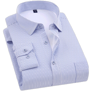 AF蓝白竖条纹商务加绒秋冬季保暖衬衫男士蓝色工作服爸爸加厚衬衣