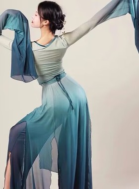新款青绿古典舞身韵纱衣女渐变变色水袖舞蹈服仙气飘逸中国舞上衣