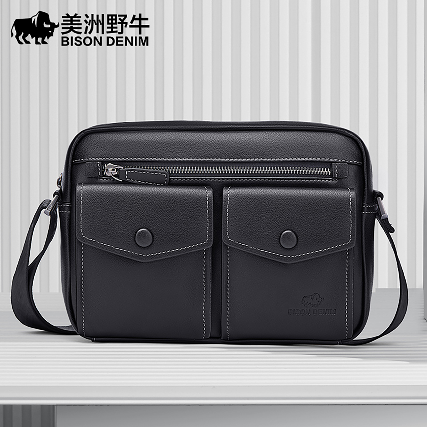 美洲野牛男士单肩包真皮男包单肩斜挎包休闲横款背包头层牛皮小包