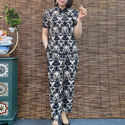 夏季新款妈妈两件套时尚休闲套装中老年宽松短袖上衣裤子女装件套