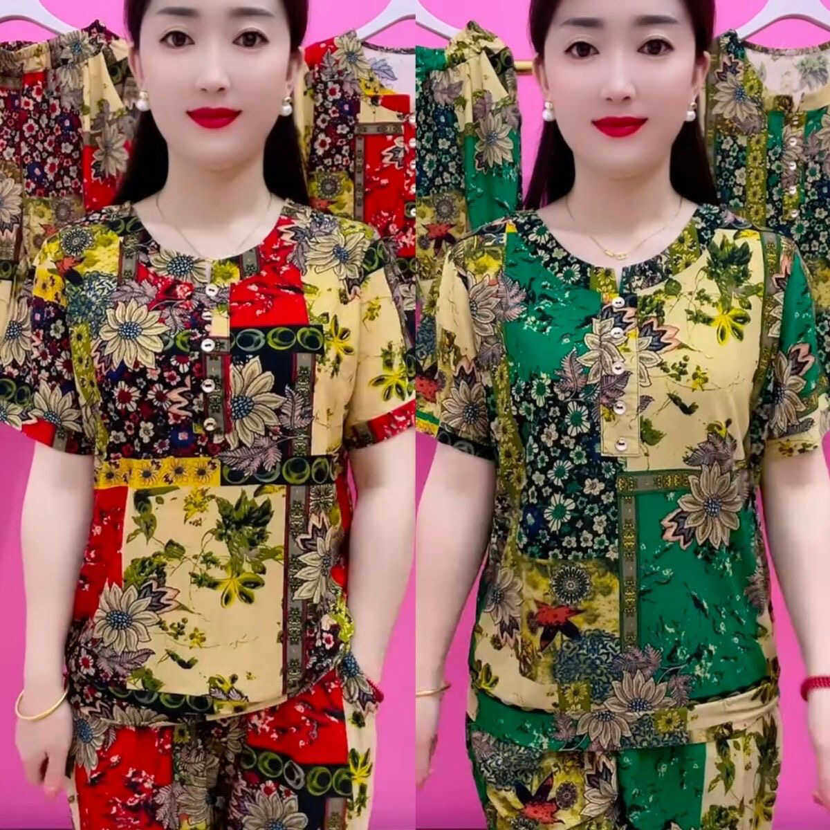 一整套中老年妈妈装夏季凉快T恤显瘦遮肉上衣打底衫松紧高腰裤子