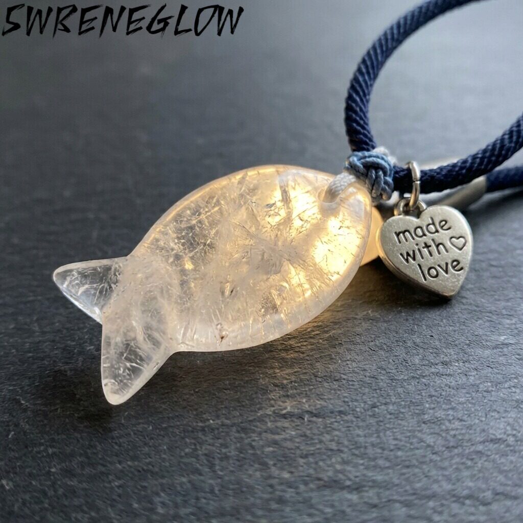 天然白水晶小鱼吊坠项链清冷感复古中式克莱因蓝手编绳锁骨链