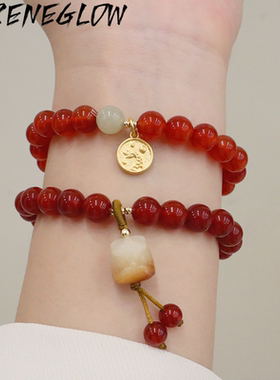 天然红玛瑙手链女和田玉玉髓花生好运手串相思豆本命年七夕礼物